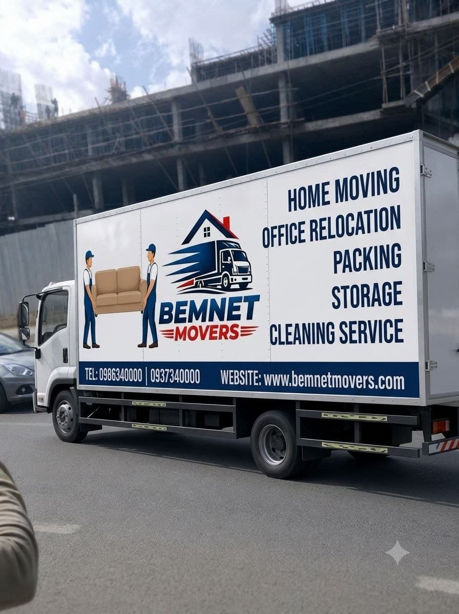 Bemnet Movers branded fleet truck on a job site in Addis Ababa, Ethiopia